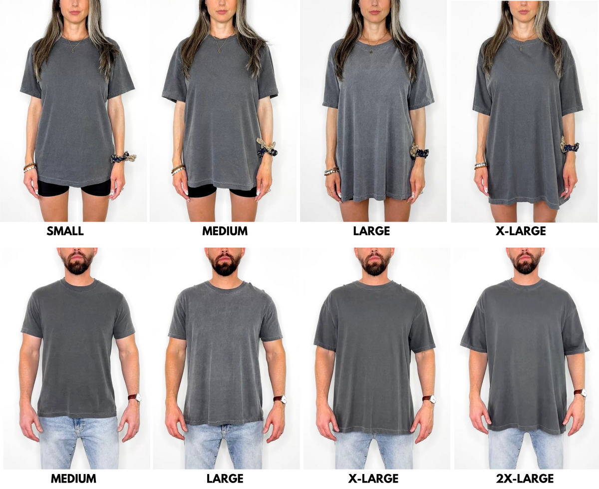 Comfort Colors 1717 fit: top row, female model 5'4" 120 lbs in S, M, L, XL; bottom row, male model 6'0" 180 lbs in M, L, XL, 2XL