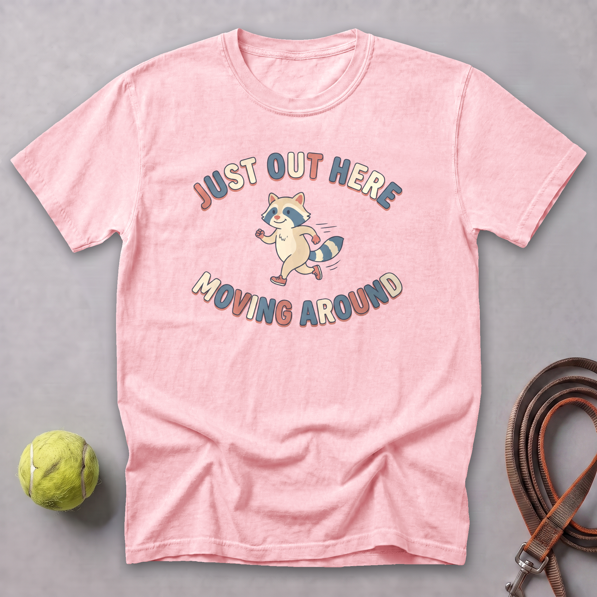 Just Out Here Moving Raccoon Tee — Blossom