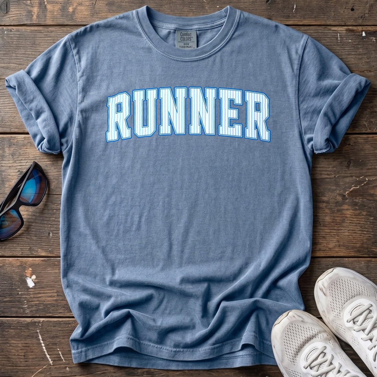 Pinstripe Runner Tee — Blue Jean
