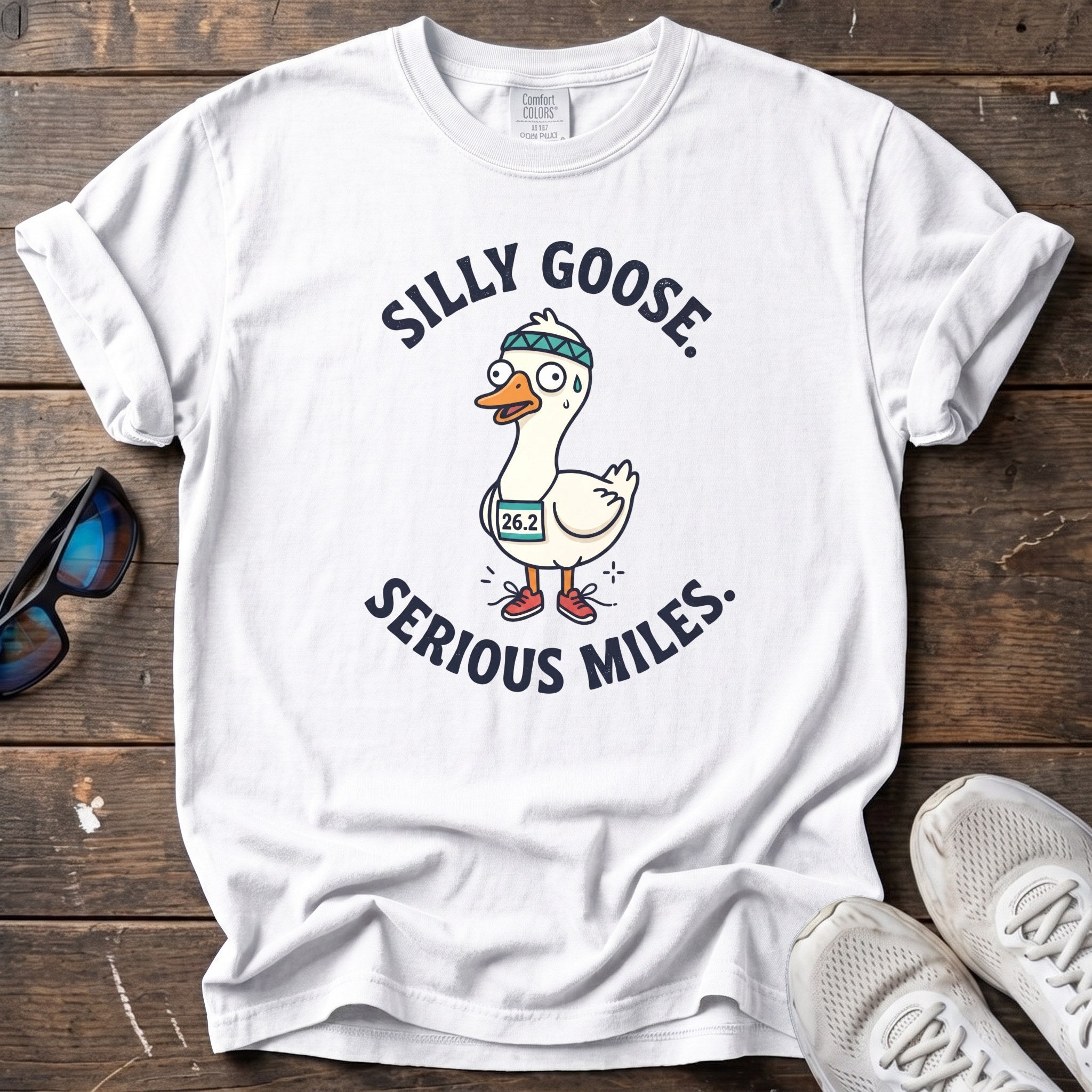 Silly Goose, Serious Miles Tee — White