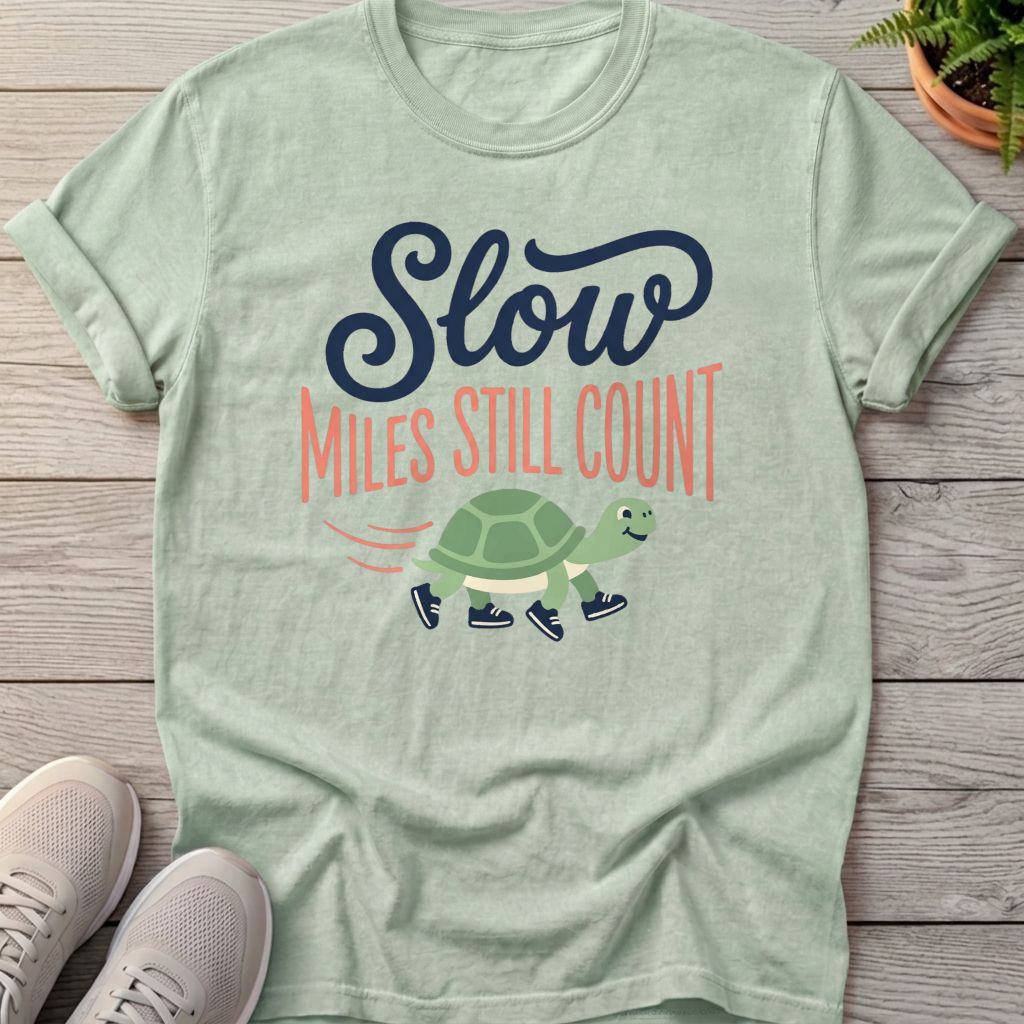 Slow Miles Count Turtle Tee — Bay