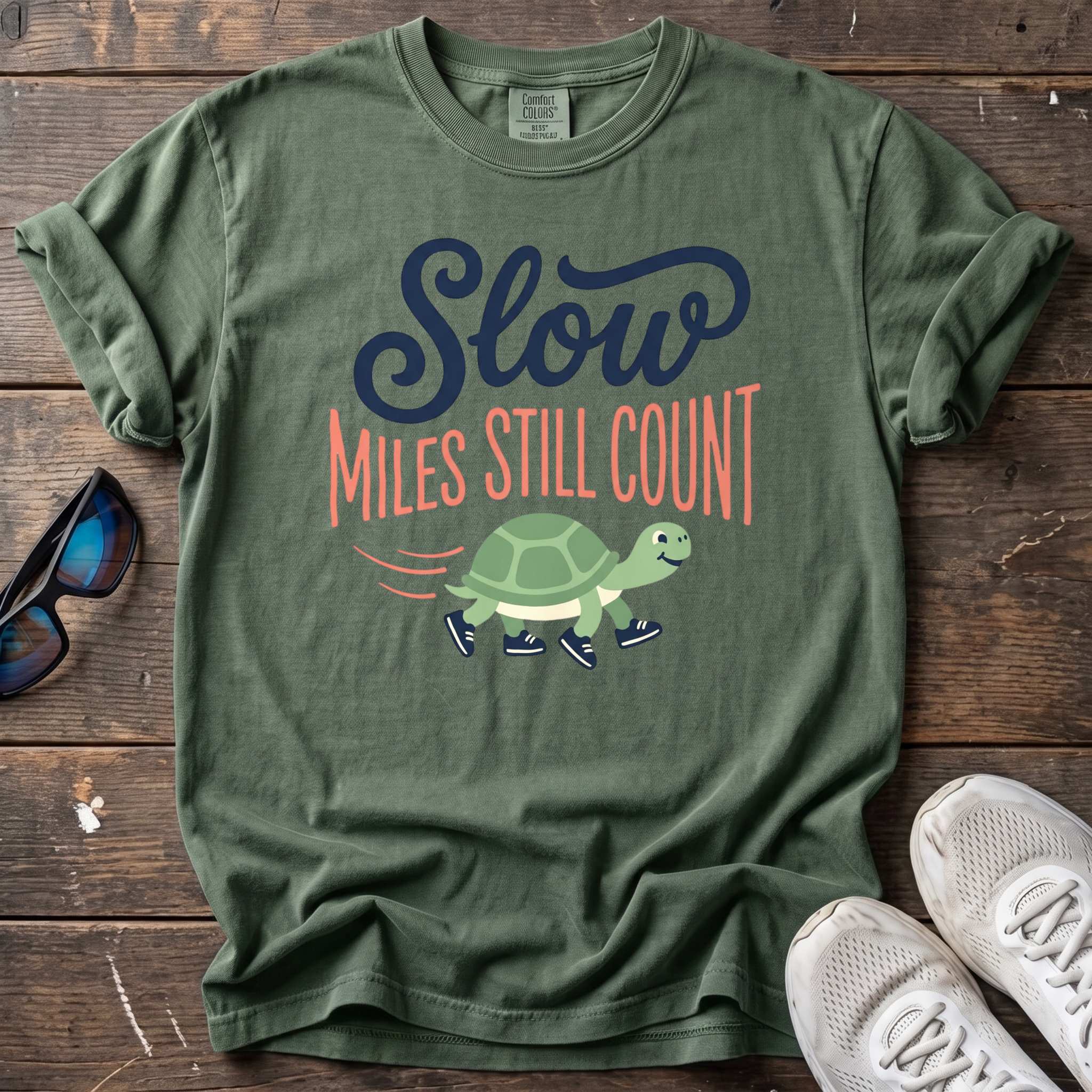 Slow Miles Count Turtle Tee — Moss