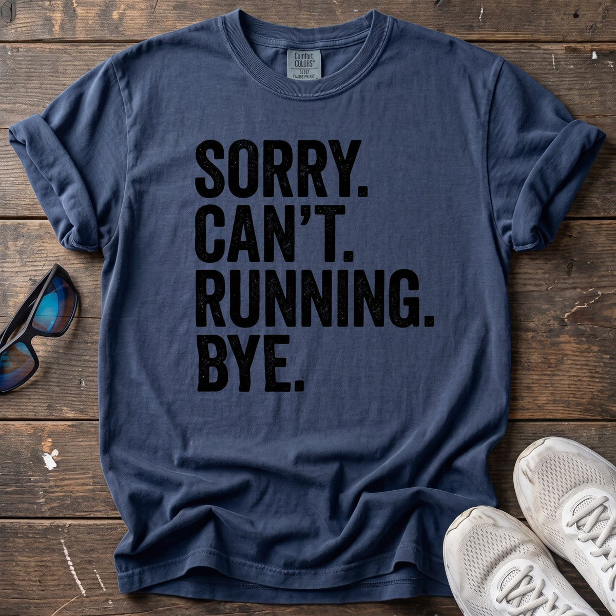 Sorry. Can't. Running. Tee — True Navy