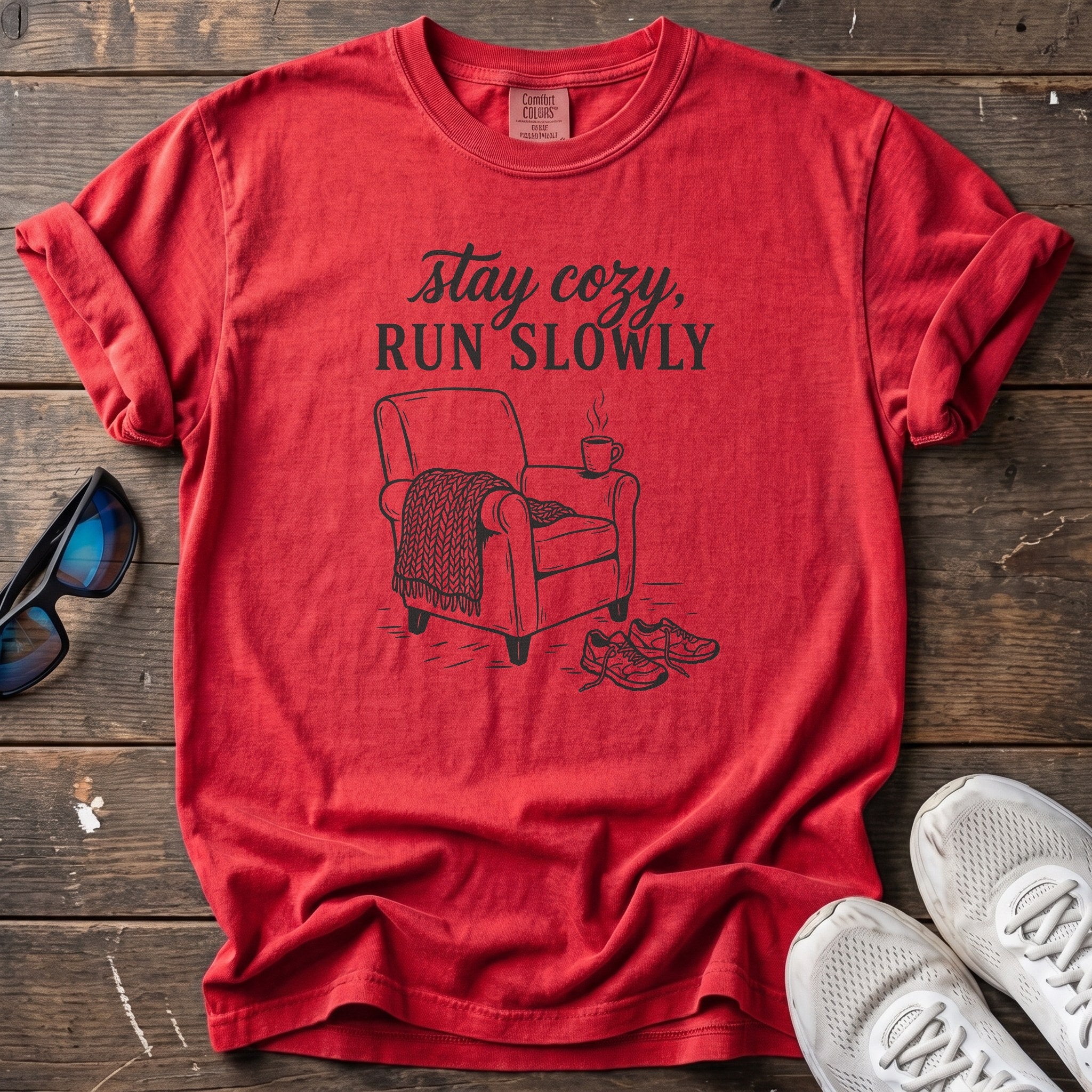 Stay Cozy, Run Slowly Tee — Red