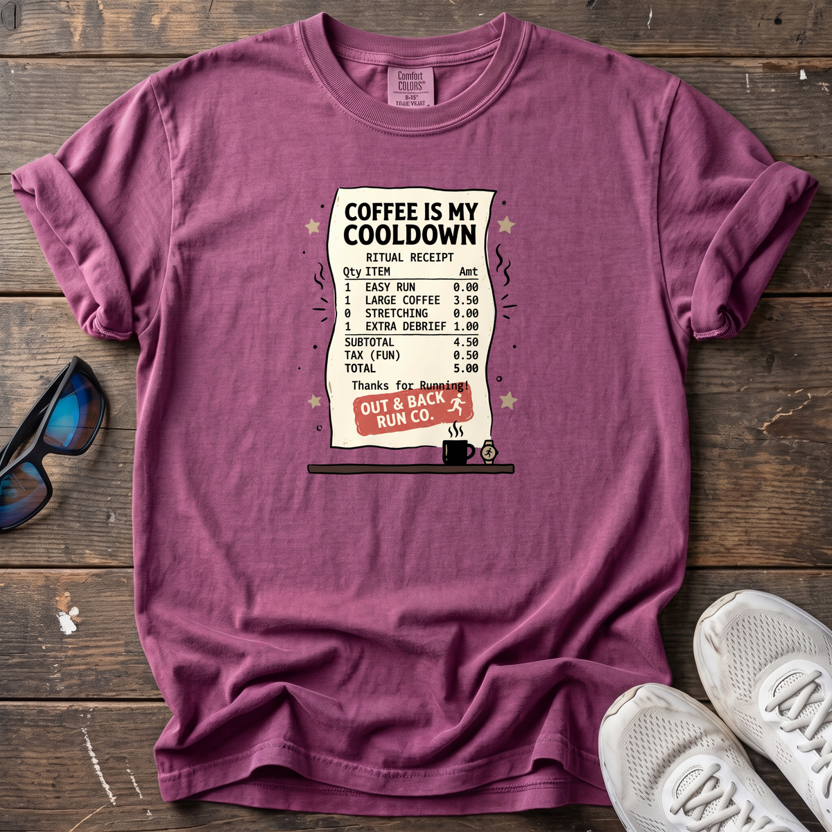 Coffee Is My Cooldown Receipt Tee — Berry