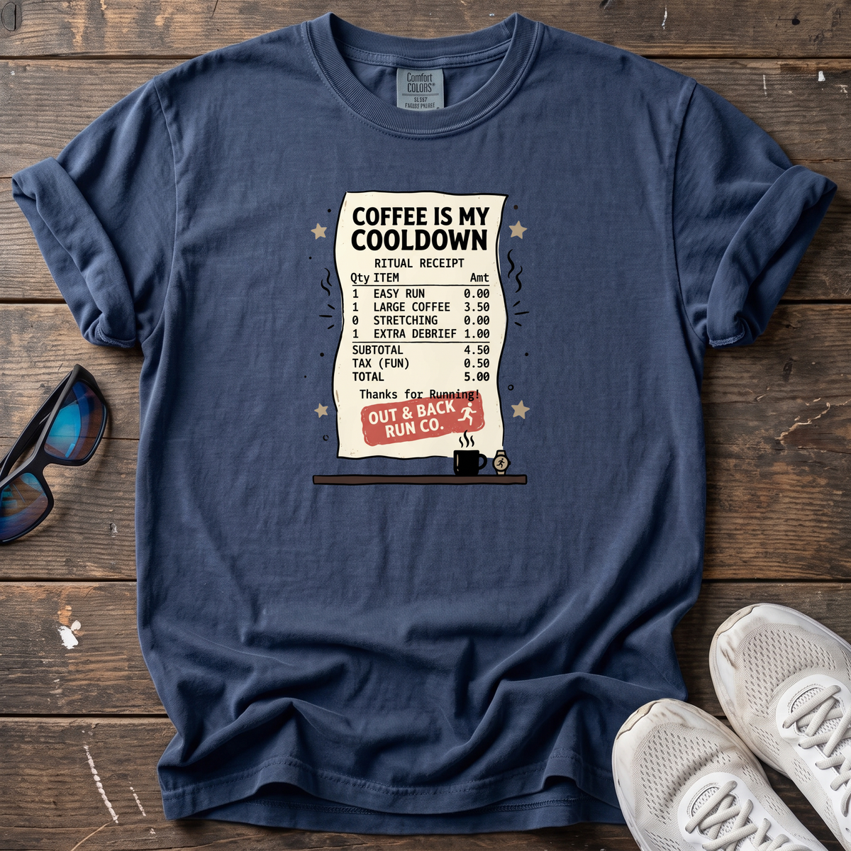 Coffee Is My Cooldown Receipt Tee — True Navy