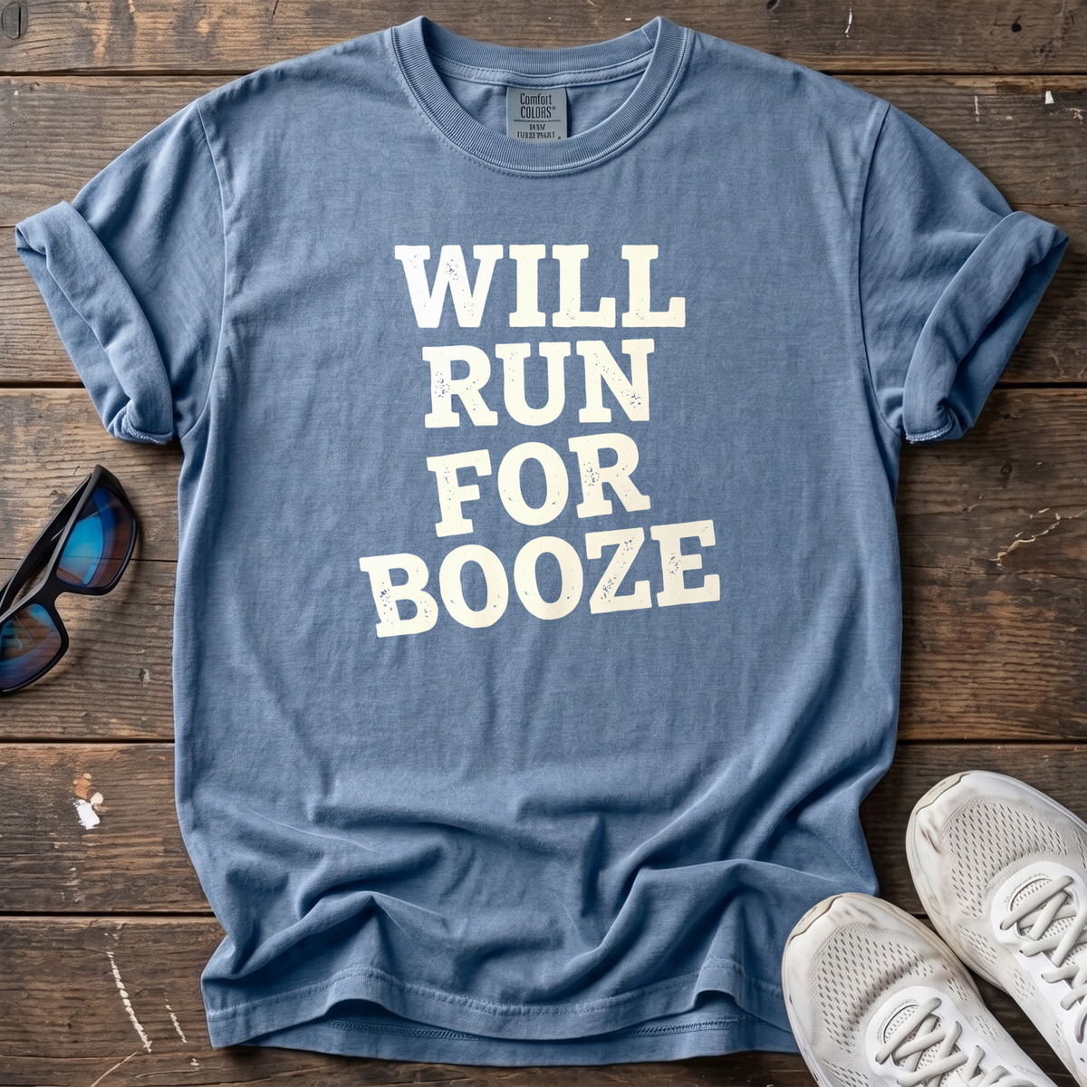 Will Run for Booze Block Type Tee — Blue Jean