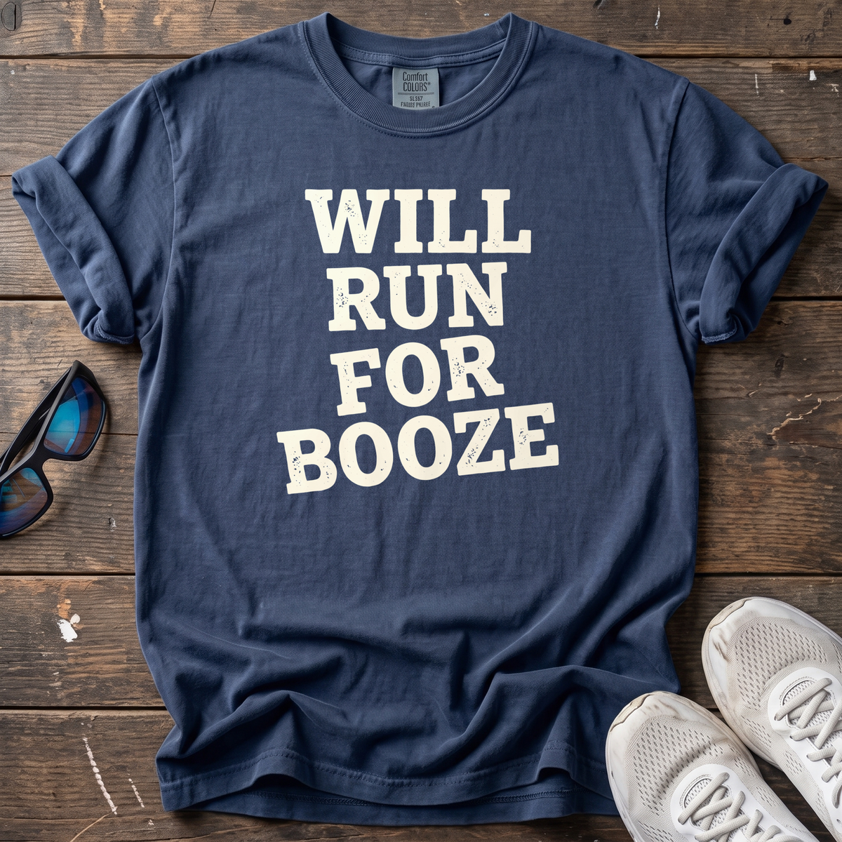 Will Run for Booze Block Type Tee — True Navy