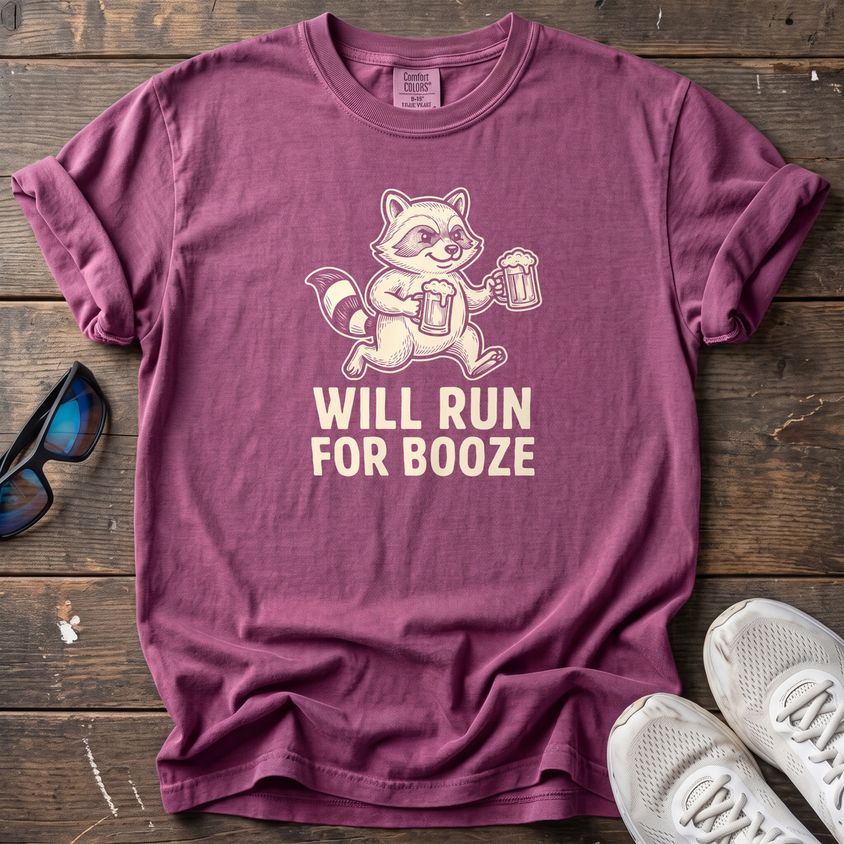 Will Run for Booze Raccoon Tee — Berry