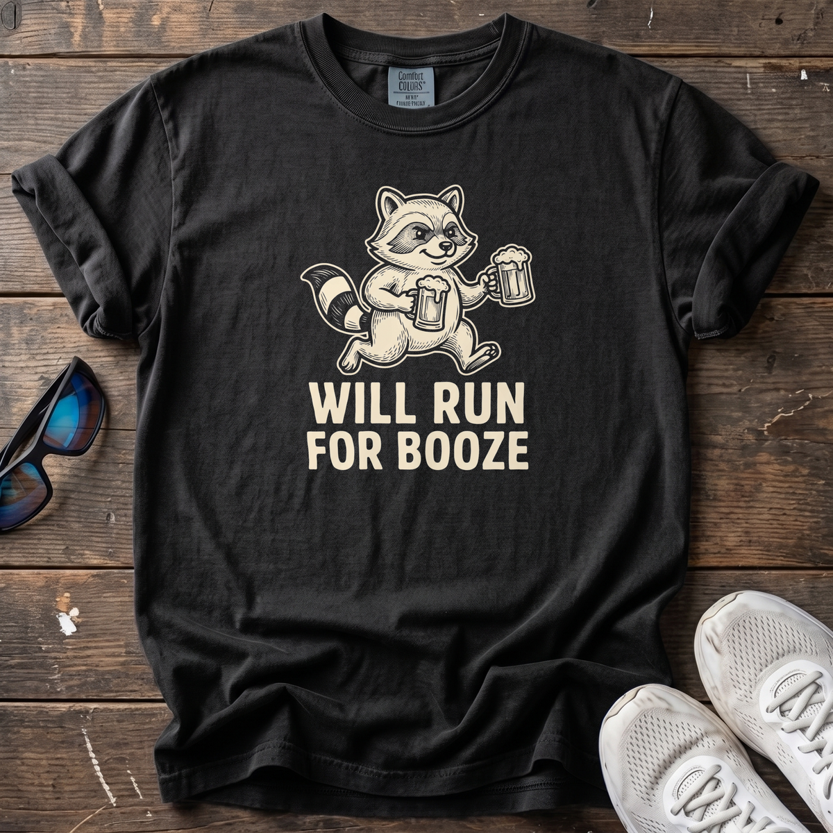 Will Run for Booze Raccoon Tee — Black