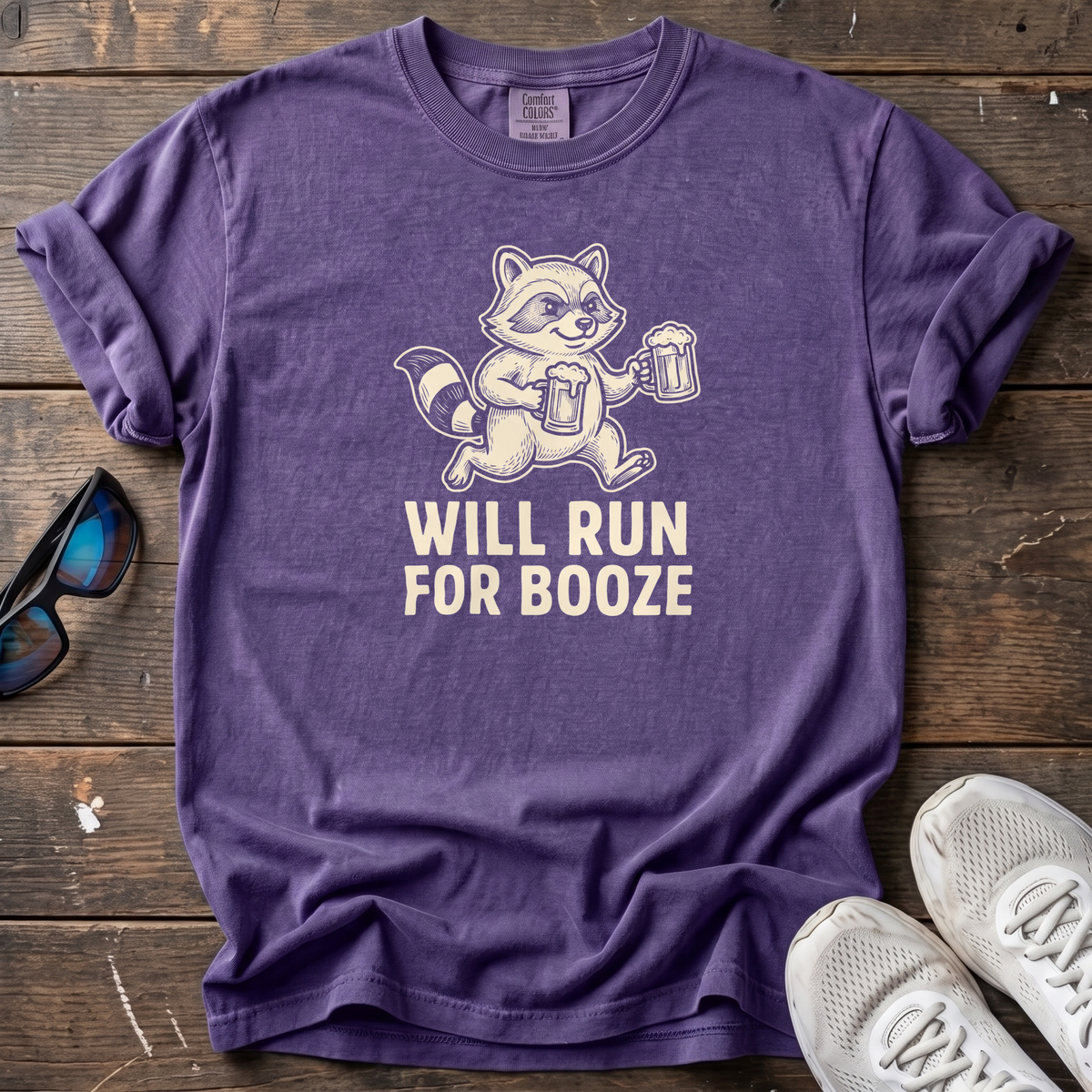 Will Run for Booze Raccoon Tee — Grape