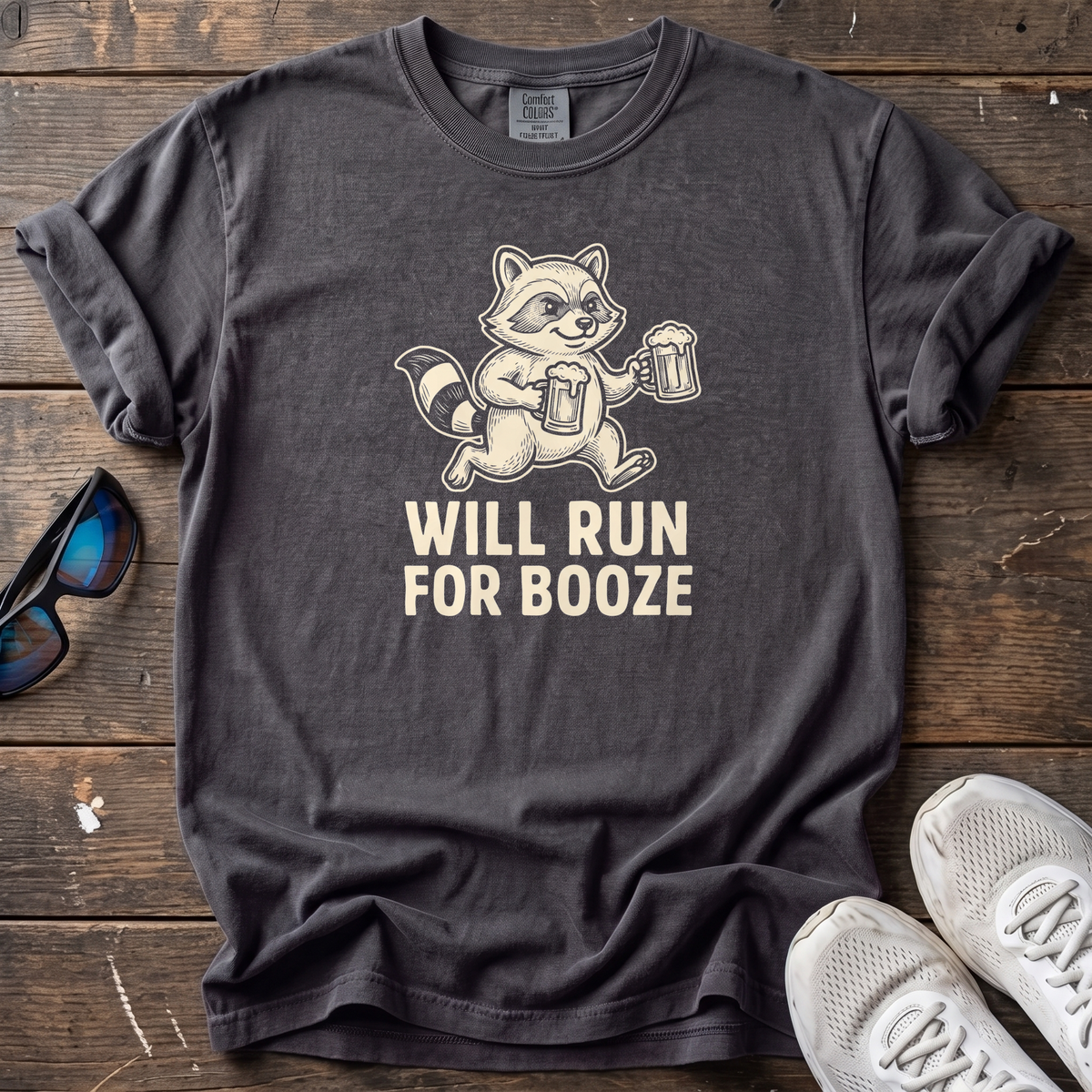 Will Run for Booze Raccoon Tee — Graphite
