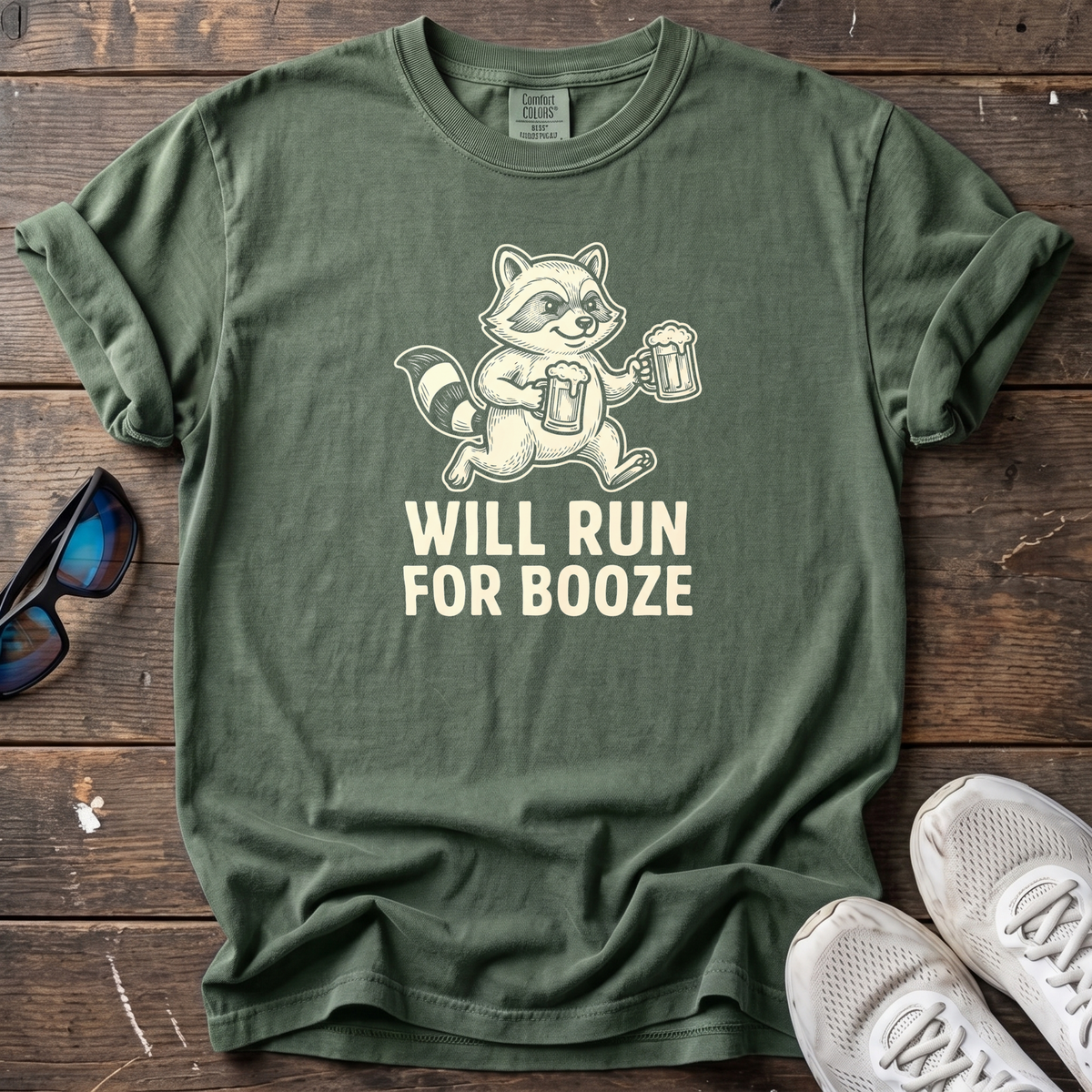 Will Run for Booze Raccoon Tee — Moss