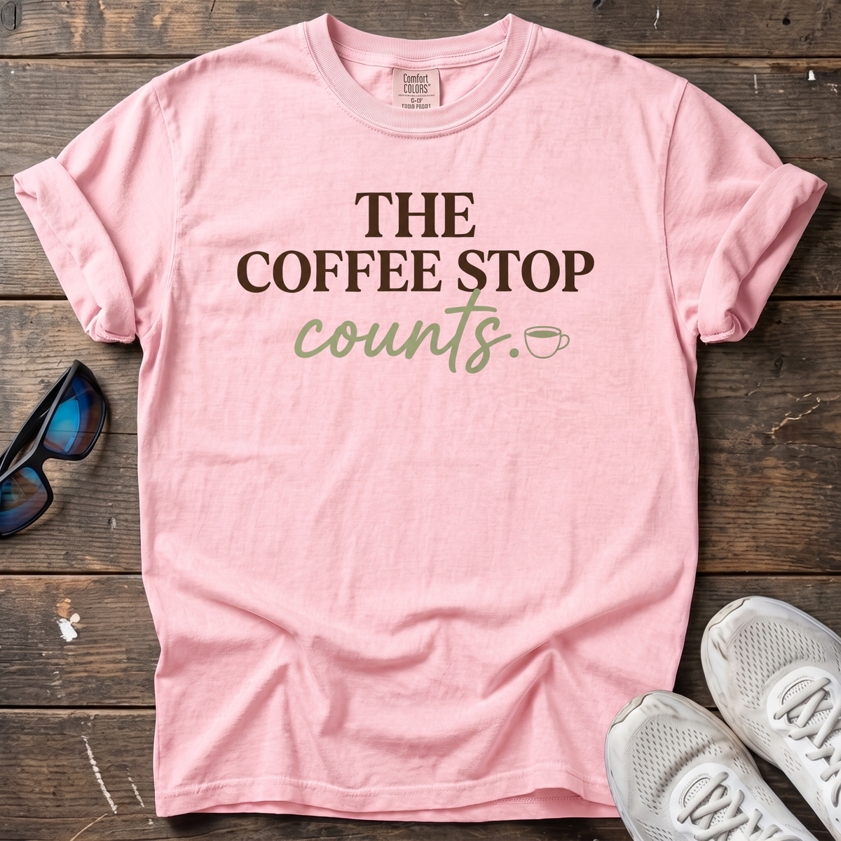 The Coffee Stop Counts Script Tee — Blossom